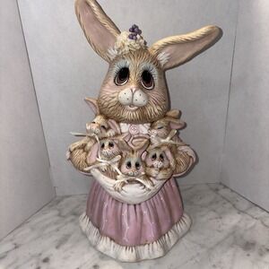 Vintage 80's Mother Rabbit  Easter Bunny with Babies Hand Painted Ceramic 12"